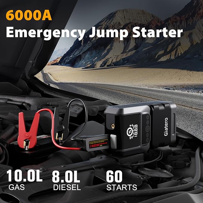 Q13 6000A Portable Car Jump Starter with Air Compressor 150PSI, Car Jumper Starter Portable(10.0L Gas/8.0L Diesel), 12V Jump