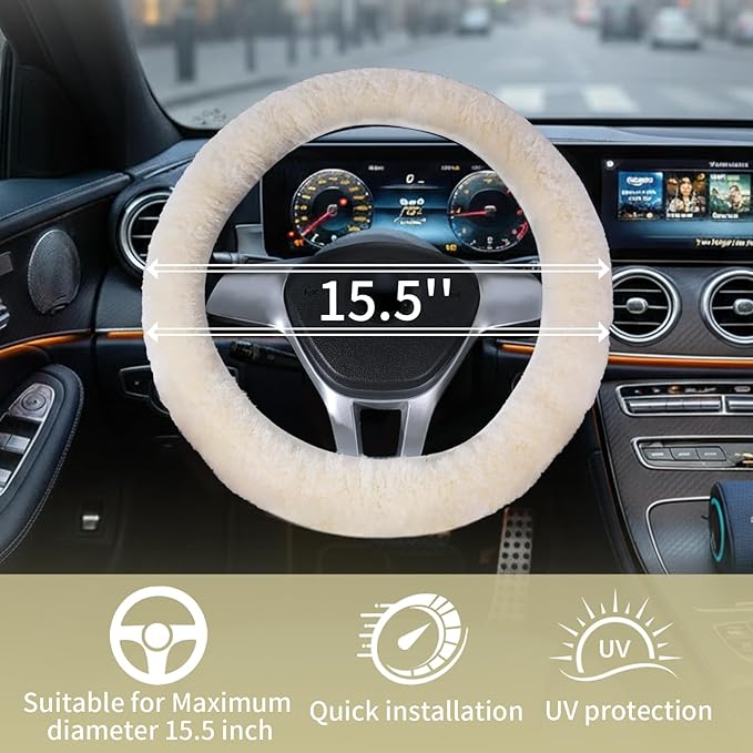 AEGIS Cover Sheepskin Steering Wheel Cover Premium Luxury AUS Genuine Merino Wool All-Season Non-Slip for Cars Fits 14.5-15.5" Wheels (Sand)
