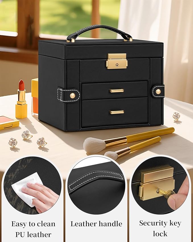 TORIBIO Jewelry Box for Women, Leather Jewelry Organizer with Mirror & Lock, 3-Tier Jewelry Storage Organizer with 2 Drawers 