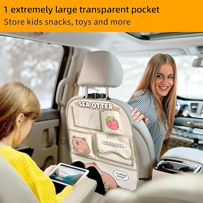 kids Leather Car Backseat Organizer with Foldable Table Tray, Car Storage Organizer with Tablet Holder, Car Seat Back Protectors Kick Mats, Travel Accessories (SEA OTTER2)