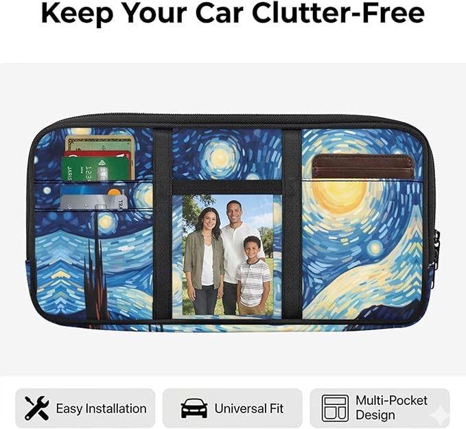 Starry Night Car Sun Visor Organizer Storage Auto Interior Accessories Pocket Organizer - Lightweight Car Truck SUV Storage Pouch Holder, with Multi-Pocket Zipper for Card, Document