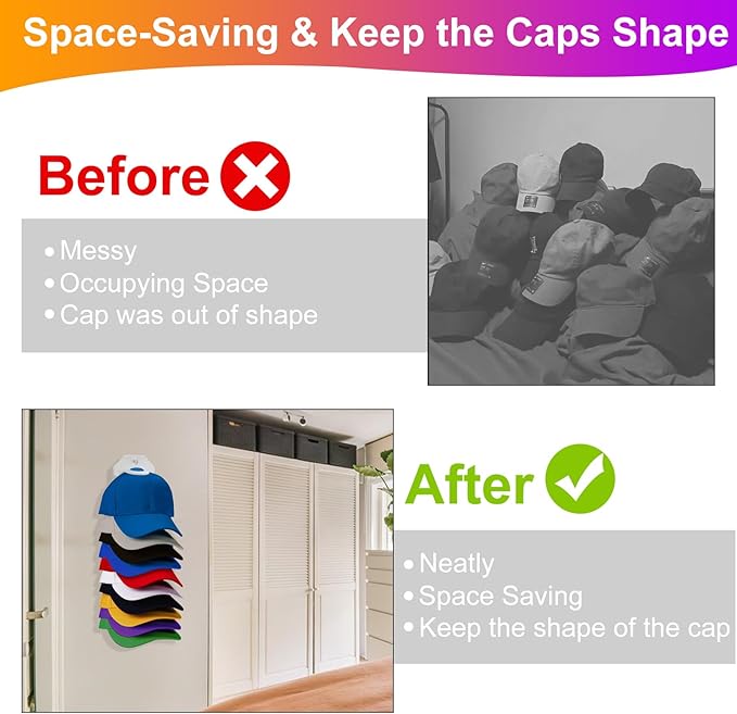 Hat Organizer for Baseball Caps, 2 Pack Hat Rack for Wall, Wall Mounted Adhesive Cap Rack, Hat Holder Hanger Hold Up to 20 Ca