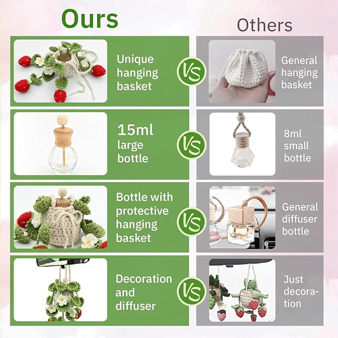 Crochet Car Air Freshener, 15ml Empty Refillable Oil Diffuser Bottle with Hanging Crochet Strawberry Plant for Car Rearview M
