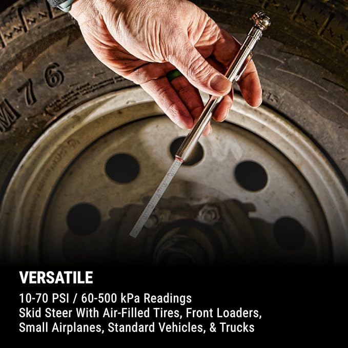 Milton S-920 Pencil Tire Pressure Gauge With Tread Depth Gauge, Built-in Deflator Valve, For Higher-Pressure Automobile Tires, Durable Plated Brass, Pressure Measured In PSI & kPa