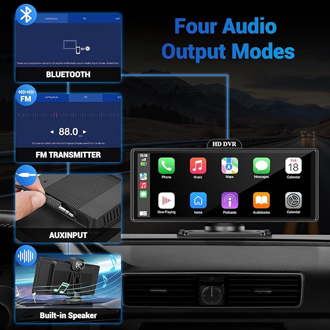 Wireless Apple Carplay Screen for Car with 4K Dash Cam, 10.26" Portable Apple Carplay & Android Auto, HD Touchscren with 1080