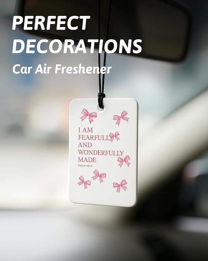 Pink Christian Car Air Freshener 4 Pcs, Coquette Bow Inspirational Religious Hanging Air Freshener for Cars Closet Drawer Boo