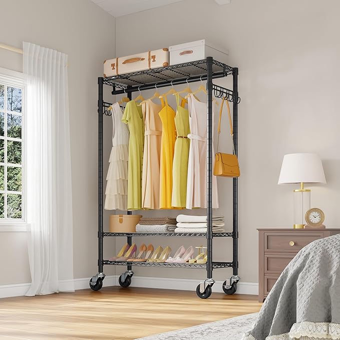 VIPEK R3 Heavy Duty Garment Rack with Lockable Wheels, Portable Rolling Closet with Adjustable Shelves & Hanging Rod & Side H