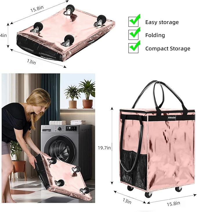 (Medium, Rose Gold) Reusable Grocery Bag on 4 Wheels, Foldable Rolling Tote Carries Up to 66lb Shopping Trolley, Rolling Bag with 3 Handles, Zipper Clouser Rolling Tote Bag with Wheels for Laundry