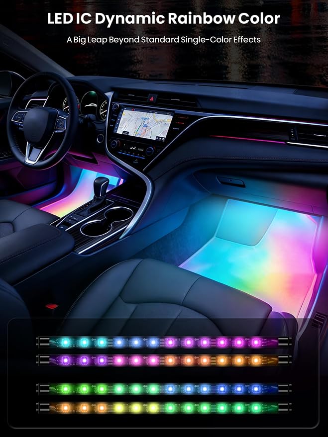 Car LED Lights Interior, 16M Colors APP & CarPlay Control, Music Sync Ambient Lighting Kit, Auto-On/Off，Voltage Protection, Brightness Dimmer 12V DC LED Strip Lights for Car, Truck, SUV