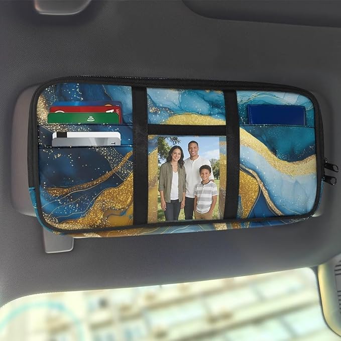Blue-Gold Zippered Car Sun Visor Organizer Compact All-Inclusive with Straps and Pockets Sun Visor Glasses Storage Box with Picture Holder Easy Installation Universal Fit for Most Cars SUV