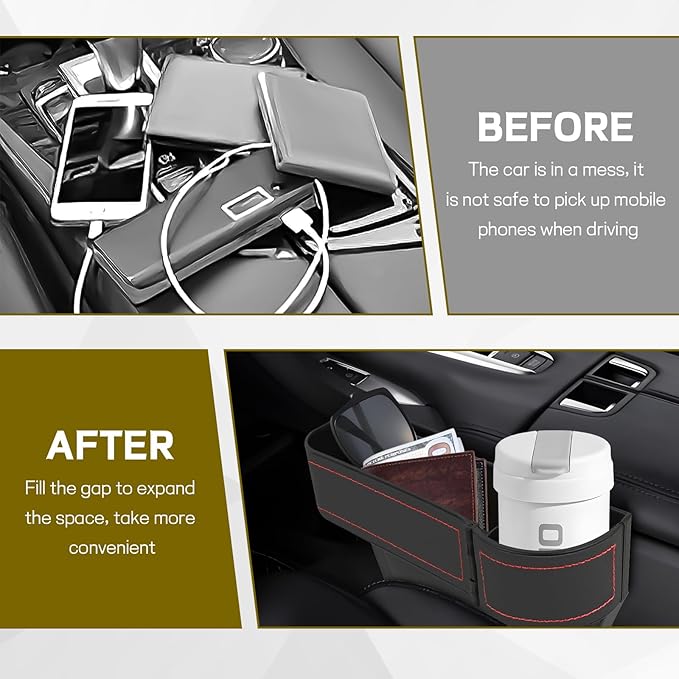 Car Seat Gap Filler Organizer, Multifunctional Car Seat Organizer with Adjustable Cup Holder, Leather Car Seat Gap Storage Box for Holding Phones, Coins, Cards, Keys, Pens (Black)