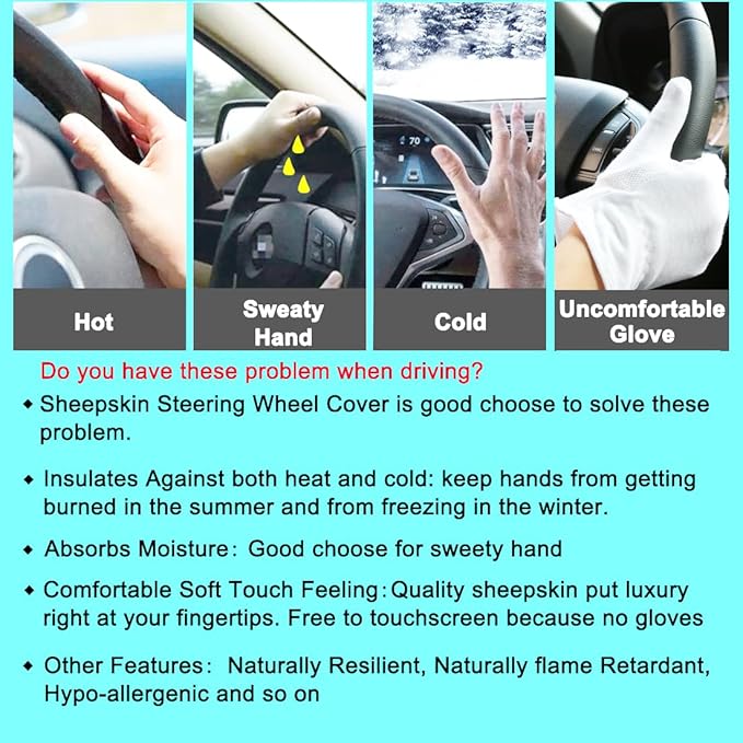 Genuine Fuzzy Wool Sheepskin Fur car Steering Wheel Cover for Adults Girls Women Men,Protector for Universal Steering Wheel 3