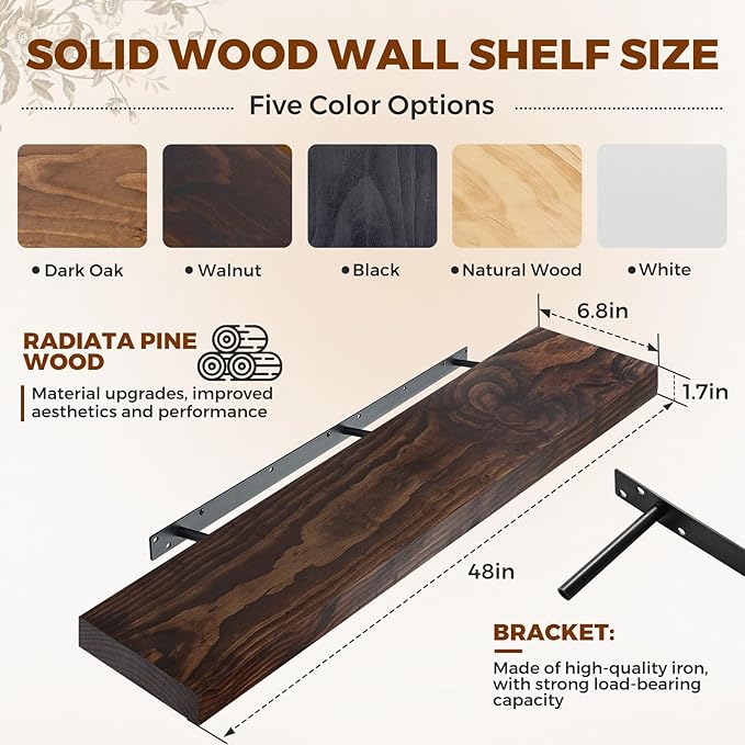Floating Wall Shelf 48x6.8x1.7 Inch – Solid Wood Shelf in Walnut Finish – Extra Long Wall Mounted Rustic Display Shelf for Li