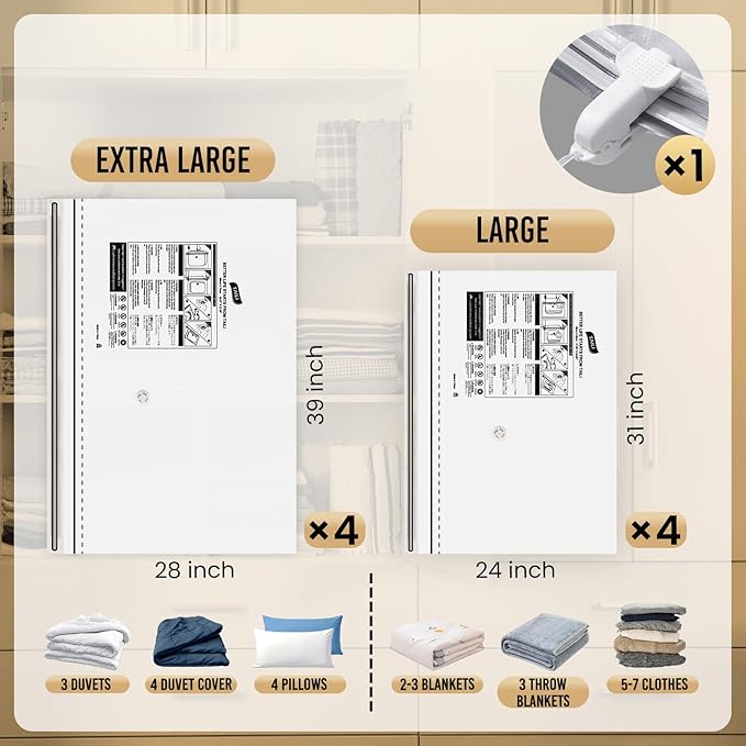 TAILI 8 Pack Vacuum Storage Bags, LONG SIDE ZIP (4 Large+4 Jumbo), Multi-Size Vacuum Seal Bags for Clothing, Storage Bulky Be