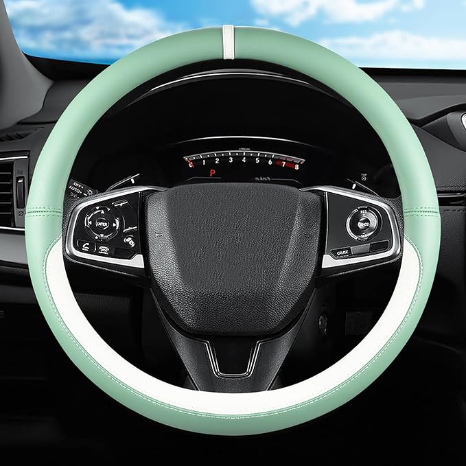 Green & White Nappa Leather Steering Wheel Cover, Cute Car Steering Wheel Cover for Men Women, 14.5-15 Inch Non-Slip Breathab