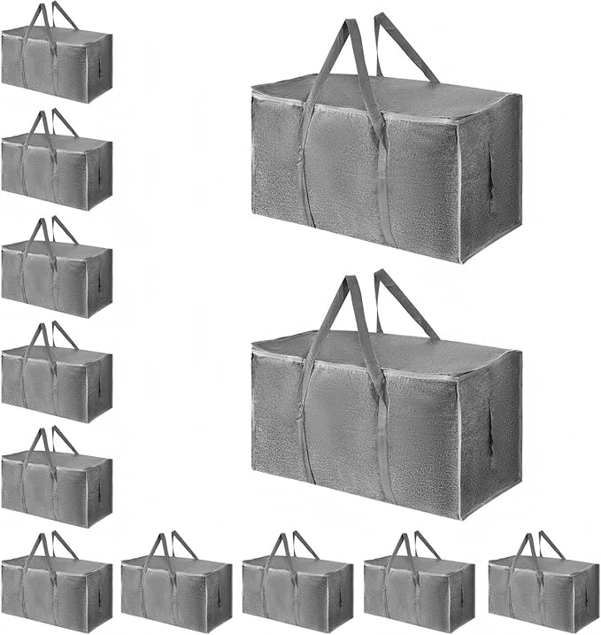 12 Pack-Extra Large Heavy Duty Moving Bags - Waterproof Storage Totes with Handles & Zippers, Foldable for College Dorm, Stor