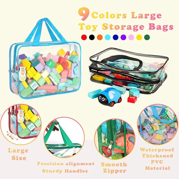 9 Packs Toy Storage Bags with Labels, 11.8x8.7x3.9In Large PVC Reusable Clear Board Game Storage with Zipper, Travel Waterpro