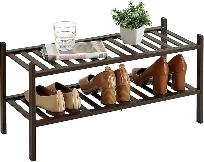 2-Tier Bamboo Shoe Rack for Entryway, Stackable | Heavy Duty | Multi-Function, Free Standing Shoe Racks for Bedroom Hallway C