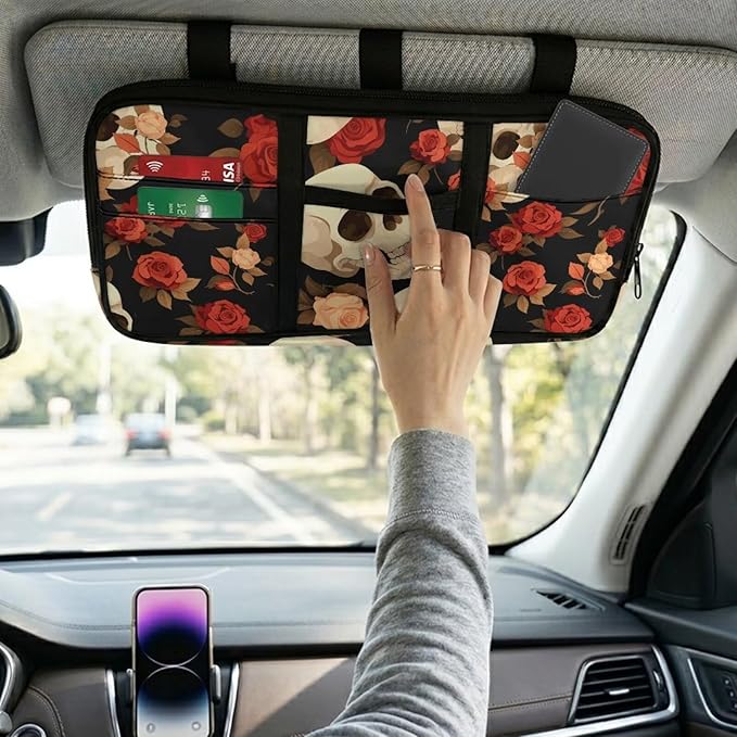 Car Sun Visor Organizer,Rose Skull Car Sun Storage Pocket Pouch Case Bag with Double Zippers Truck SUV Storage Pouch Holde