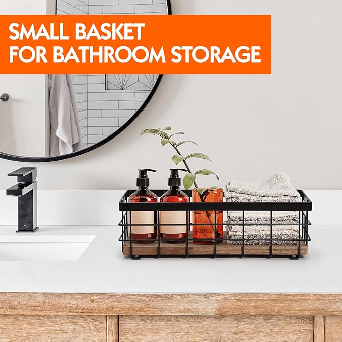 TJ.MOREE Small Metal Wire Basket, Decorative Wood Base Organizer for Bathroom, Kitchen, Basket for Toilet Paper Storage, Suga