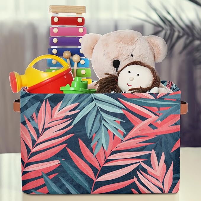 Tropical Palm Leaf Floral Storage Basket Collapsible Cloth Storage Cube Basket Bins Organizer with Handles Rectangular Large 
