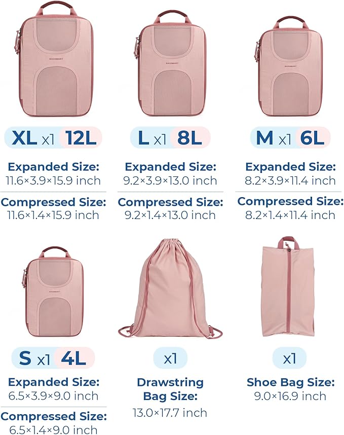 BAGSMART Compression Packing Cubes, 6 Set Packing Cubes for Suitcases, Lightweight Suitcases Organizers Bag Set & Compression