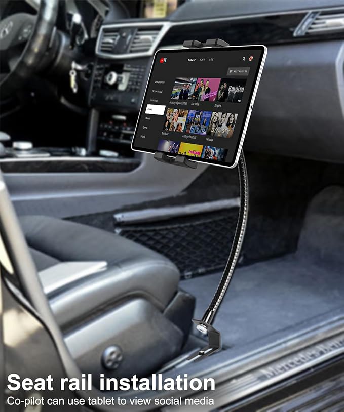 GDZN Tablet Holder for Car Seat Rail with 19.7" Gooseneck Metal Arm, Heavy Duty Anti-Shake Truck Floor Seat Bolt Tablet Mount for iPad Pro 12.9 Air Mini, Galaxy Tab, iPhone, Fire HD, 4-13" Devices
