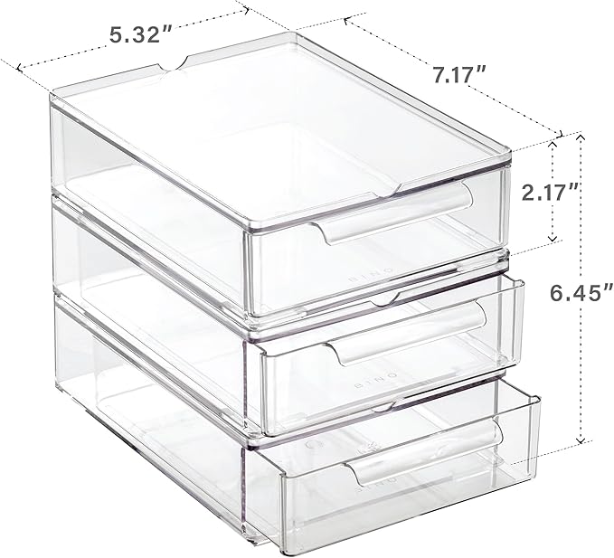 BINO | Clear Stackable Storage Drawers, Small - 3 Pack | Clear Storage Drawers with Built-In Handles | Durable Plastic Organi