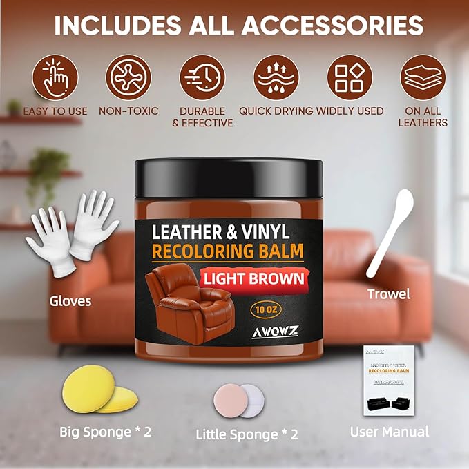 Leather Recoloring Balm - Scratch Repair & Color Restore Kit for Faded Leather, Couch & Car Seats - 10OZ Leather Restorer Bal