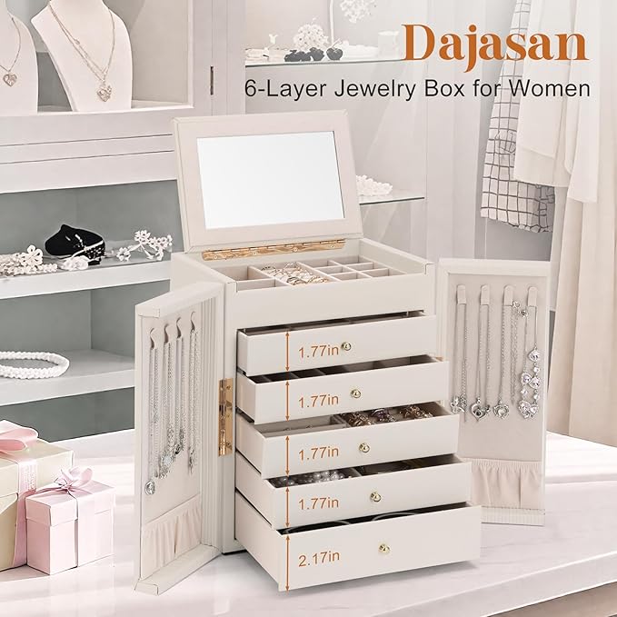 Dajasan Large Jewelry Organizer Box, Jewelry Boxes for Women Girls, 6-Tier Jewelry Storage Organizer with Mirror for Necklace