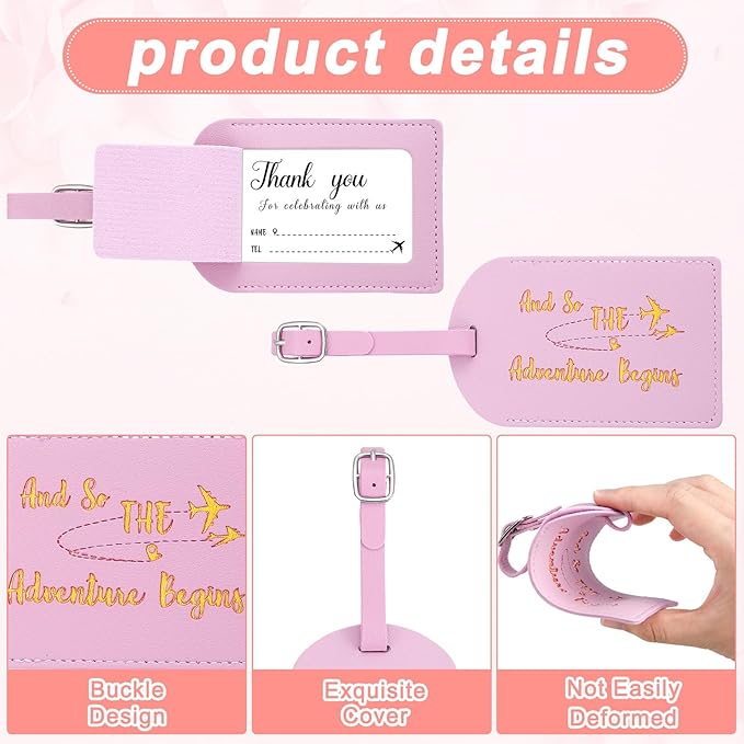 Sweetude 48 Sets Leather Luggage Tag Bulk and So The Adventure Begins Luggage Tags with Name Card for Wedding Bridal Shower B