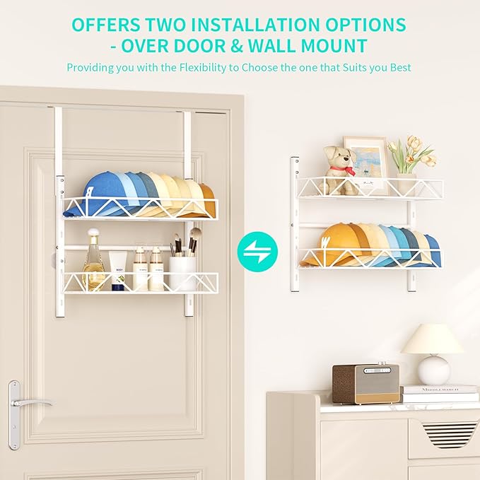 HapiRm Over the Door Hat Organizer - 2 Tier Wall Mounted Hat Rack with 2 Adjustable Metal Basket, Baseball Caps Organizer Sto
