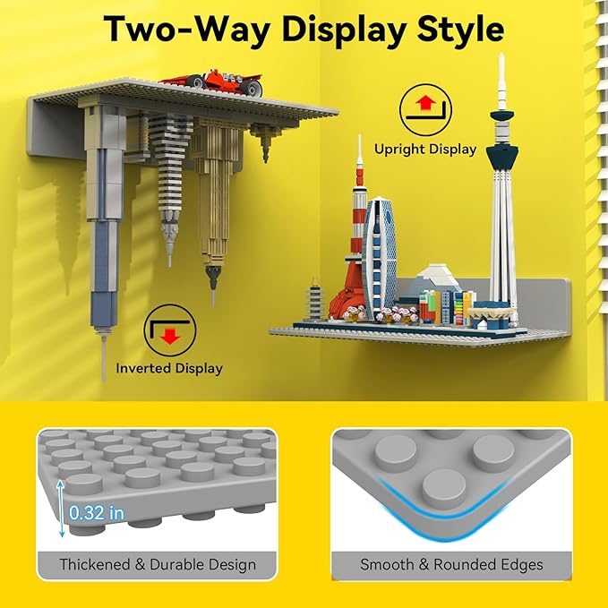 BlissBox 4-Pack Display Shelves for Wall Compatible with Lego Building Bricks, 11.3x6.3inch Dual‑Sided 36x20 Studs for Toy Br