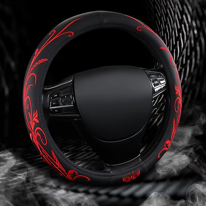 Red Embroidery Butterfly Car Steering Wheel Cover,14.5-15 Inch Universal Leather Covers Breathable Anti-Slip Odorless Steerin