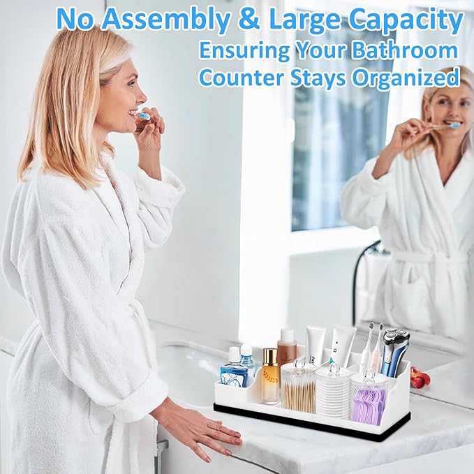 Bathroom Counter Organizer, White Silicone Toothbrush Holders for Bathrooms Organizer Countertop with 3PCS Qtip Holder, Tooth