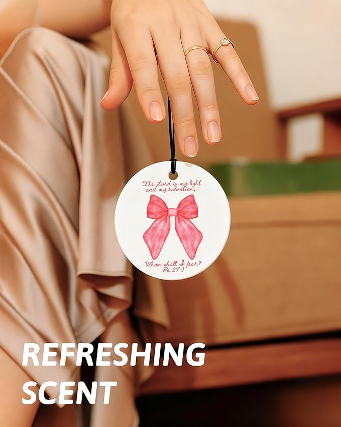 Pink Christian Round Car Air Freshener 4 Pcs, Coquette Pink Bow Bible Verse Religious Hanging Air Freshener for Cars Closet D
