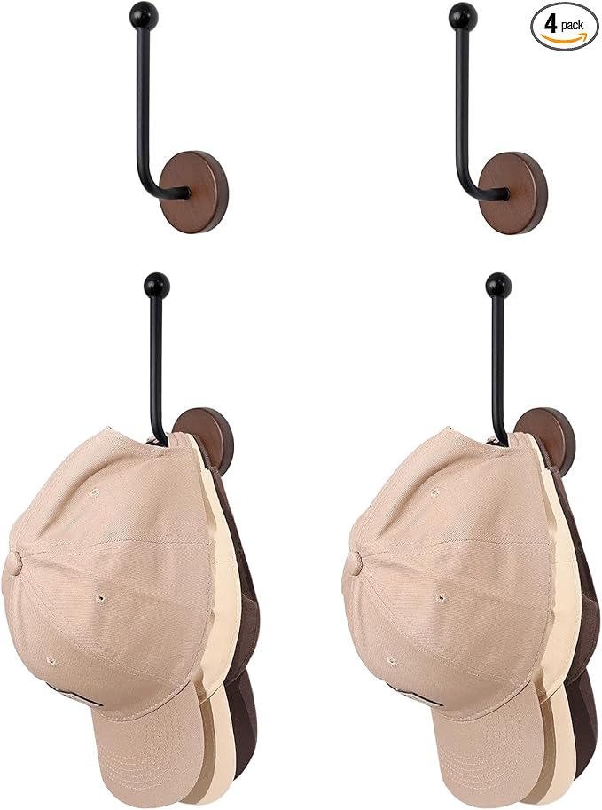 SCUNDA Adhesive Hat Holder Storage Organizer - Wall Mounted & Door Back Hat Rack with Wood Base & Metal Rod for Closet, Cabin
