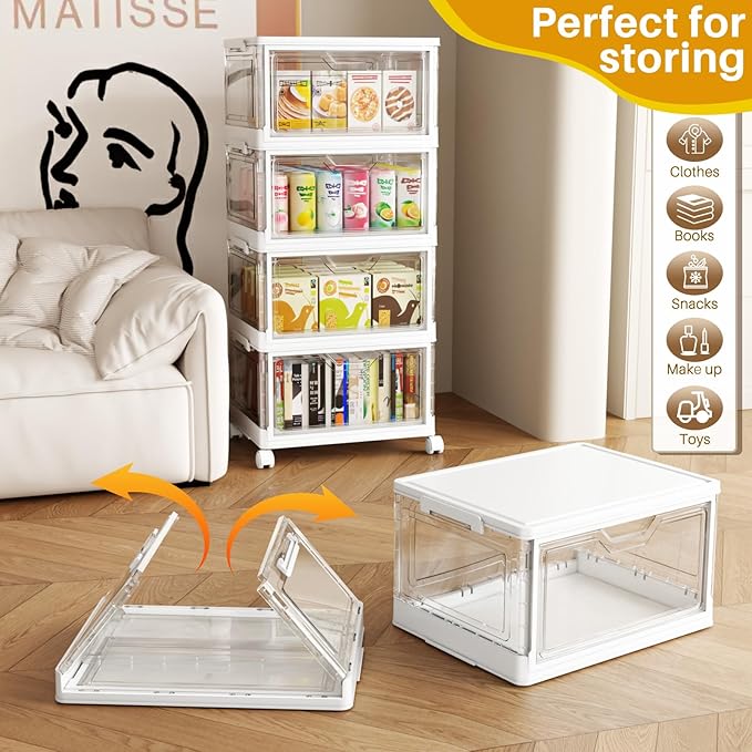 SNSLXH Portable Clear Storage Bins with Lid & Wheels, 24QT Clear Storage Bins with Lid, 4-Tier Plastic Bins with Wheels, Stac