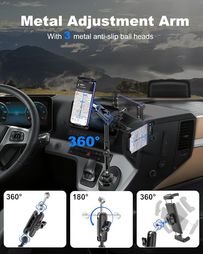 iPad Cup Holder Car Mount Heavy Duty [Height Adjust] Metal Long Arm Cup Holder Tablet Mount for Car, Truck, Compatible with 4.7-13" iPad Pro Air Mini, Galaxy Tab, iPhone, Cell Phone