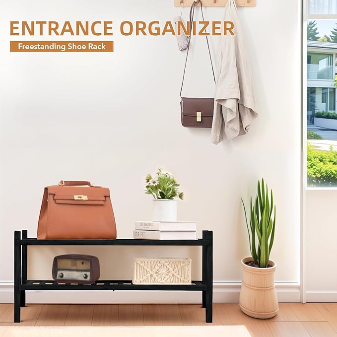 2 Tier Bamboo Shoe Rack Storage Organizer for Closet, Multifunctional Stackable Free Standing Shoe Shelf Organizer for Small 