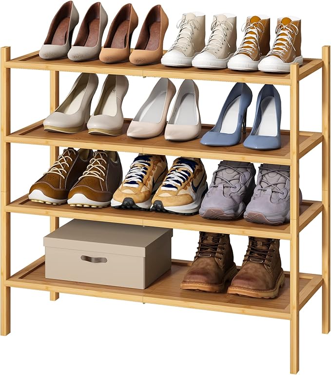 kiplant 4-Tier Shoe Rack for Entryway, Bamboo Wood Shoe Rack 4-Tier, Stackable Shoe Organizer for Closet, Free Standing Shoe 