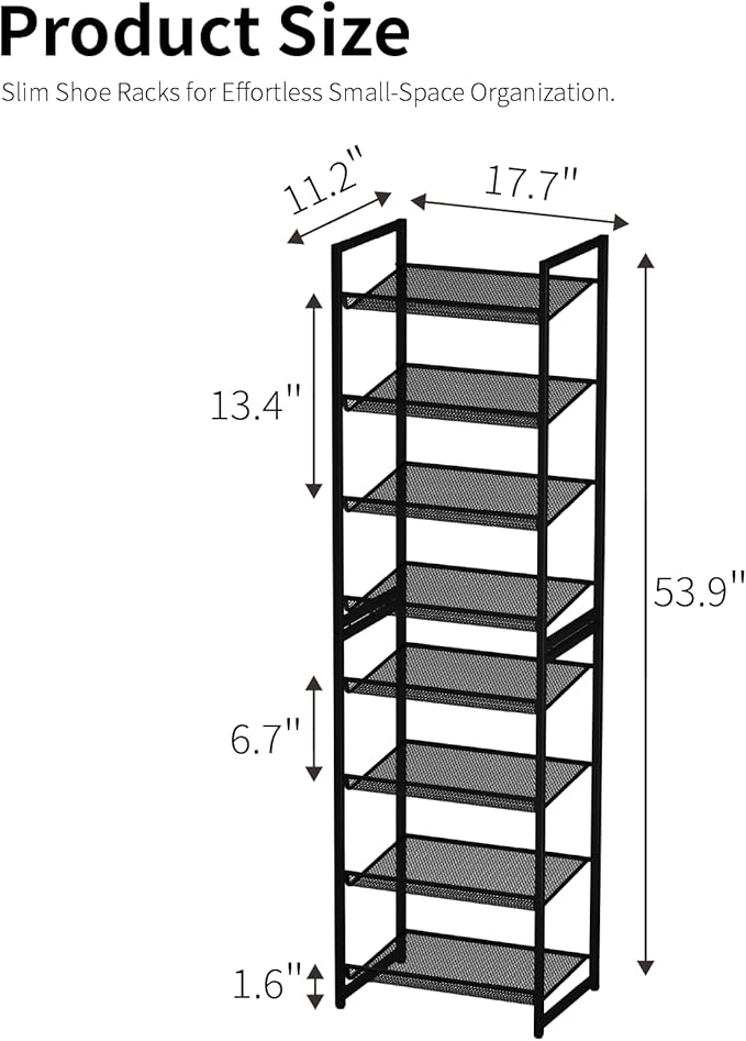 8 Tier Shoe Rack, Tall Metal Shoe Storage with Adjustable Shelves, Holds 16-20 Pairs, Stackable Shoe Stand for Garage Hallway