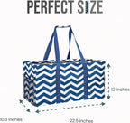 Extra Large Utility Tote Bag, Oversized Collapsible Reusable Wire Frame Rectangular Canvas Basket With Two Exterior Pockets For Beach, Pool, Laundry, Car Trunk, Storage - Chevron Navy