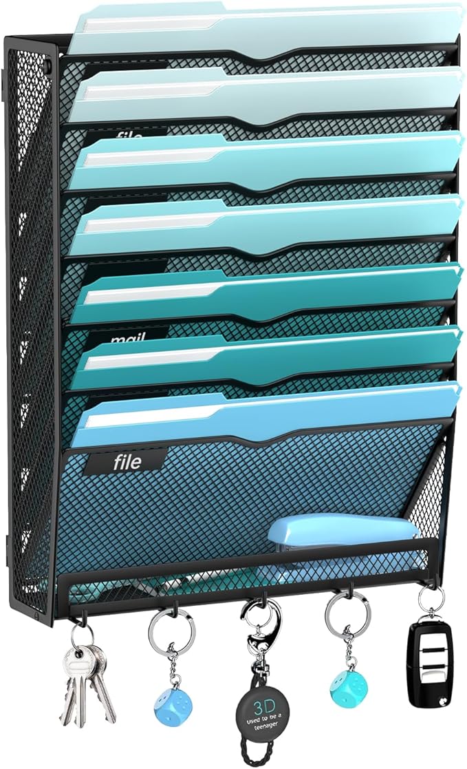 8-Tier Hanging Wall File Organizer with 5 Hooks, Mesh Wall File Holder Vertical Mount Mail Organizer for Papers, Folders, Mag