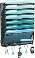 8-Tier Hanging Wall File Organizer with 5 Hooks, Mesh Wall File Holder Vertical Mount Mail Organizer for Papers, Folders, Mag