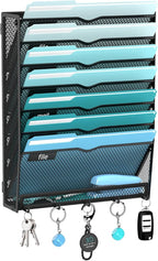 8-Tier Hanging Wall File Organizer with 5 Hooks, Mesh Wall File Holder Vertical Mount Mail Organizer for Papers, Folders, Mag