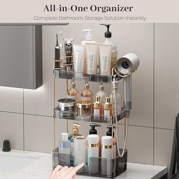 Aveniee Bathroom Counter Organizer,3 Tier Skincare Perfume Countertop Storage with Hair Dryer Rack and Toothbrush Holder, Cos