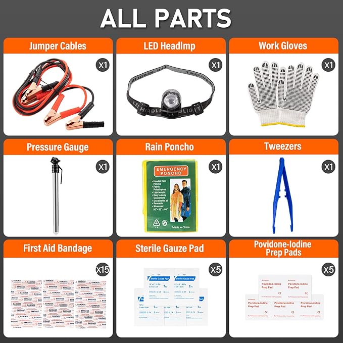 Emergency Car Tool Kit Roadside Assistance Tool Kit, Vehicle Safety Tool with Headlamp, Gloves and Jumper Cable Kit, Essentia