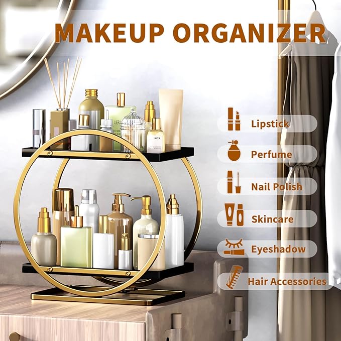 Makeup Organizer for Vanity, Black Gold Perfume Organizer for Dresser, 2-Tier Bathroom Countertop Organizers, Bathroom Counte