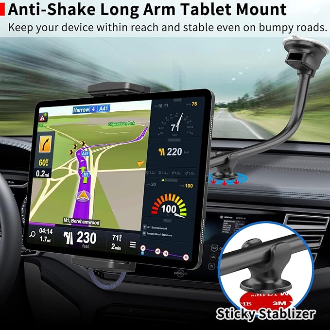 APPS2Car Upgraded Tablet Car Mount for iPad Truck Holder Long Arm Extension Strong Suction Cup Windshield Mount for 7-13 Inch Tablet iPad Pro Air Mini